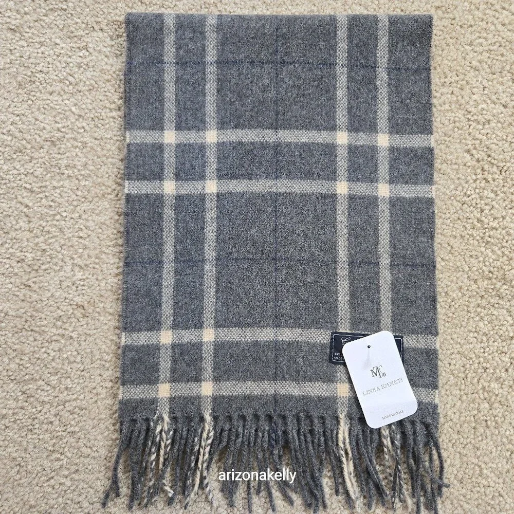 NWT Linea Emmeti Wool Cashmere Scarf Grey Plaid